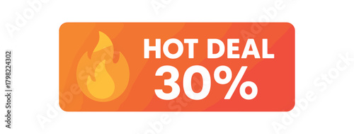 Flat vector banner design icon of fire flame next to text HOT DEAL 30% gradient orangered horizontal banner