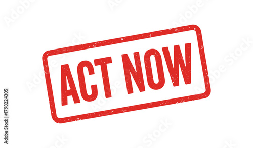 Red rubber stamp text ACT NOW rectangular outline bold capital letters distressed texture rotation isolated on white background vector illustration clean minimal style