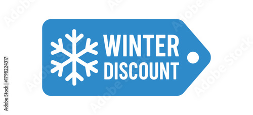 Flat vector banner design icon of snowflake beside text WINTER DISCOUNT white and blue rectangular tag