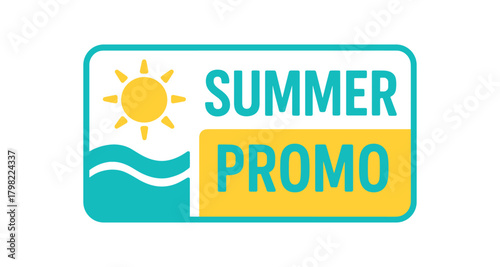 Flat vector banner design icon of sun and wave near text SUMMER PROMO turquoise and modern layout