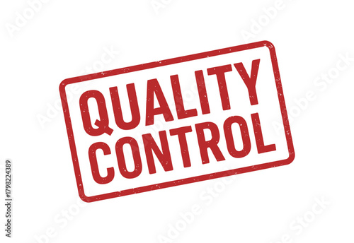 Red rubber stamp text QUALITY CONTROL rectangular outline bold capital letters distressed texture rotation isolated on white background vector illustration clean minimal style