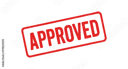 Red rubber stamp text APPROVED rectangular outline bold capital letters distressed texture rotation isolated on white background vector illustration clean minimal style