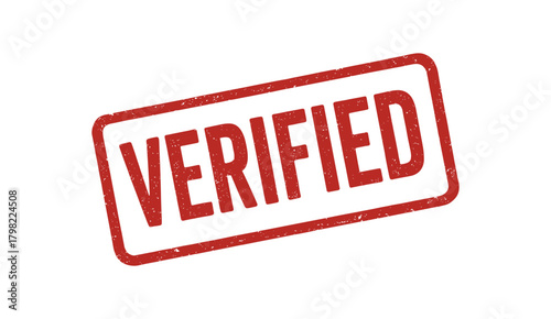 Red rubber stamp text VERIFIED rectangular outline bold capital letters distressed texture rotation isolated on white background vector illustration clean minimal style