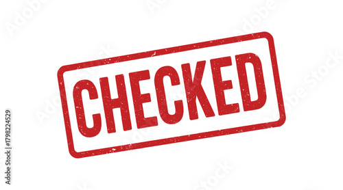 Red rubber stamp text CHECKED rectangular outline bold capital letters distressed texture rotation isolated on white background vector illustration clean minimal style