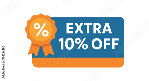 Flat vector banner design icon of percentage circle with ribbon near text EXTRA 10% OFF blue and orange clean rectangular composition