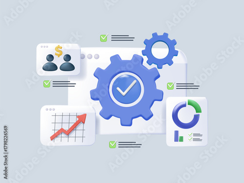 Improved business operations and strategic growth 3D render vector illustration. Business Process Automation, Management technology driven strategy illustration with Gears and Technology Elements