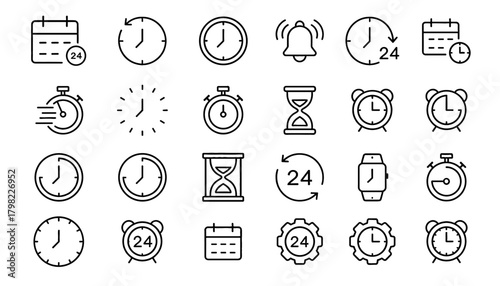 Time and Schedule Line Icon Set: Clock, Calendar, 24 Hours, Alarm, Stopwatch, and Hourglass Symbols for Management, Planning, and Deadline Concepts