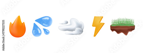Fire, water, air and electricity, ground icons. Utilities, weather apps, emergency systems, and environmental design. Public utilities service. 3D render Vector illustration