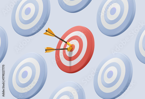 Digital marketing concept 3D vector illustration. The arrow hit the highlighted target. Advertising, marketing and targeting. Right on the bull's-eye. Success. Choose a goal, define a task.