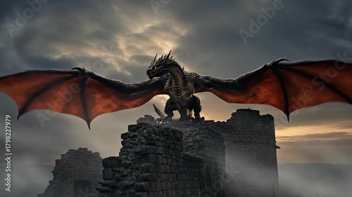 Winged creature animated on top of a stone castle ruin with rising smoke. Fantasy monster video game or movie clip with dramatic sky, digital art.