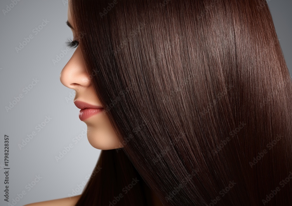 Naklejka premium a beautiful woman with long, brown, healthy, straight, and shiny hair. the hairstyle is stylish and model-worthy, perfect for a beauty salon.