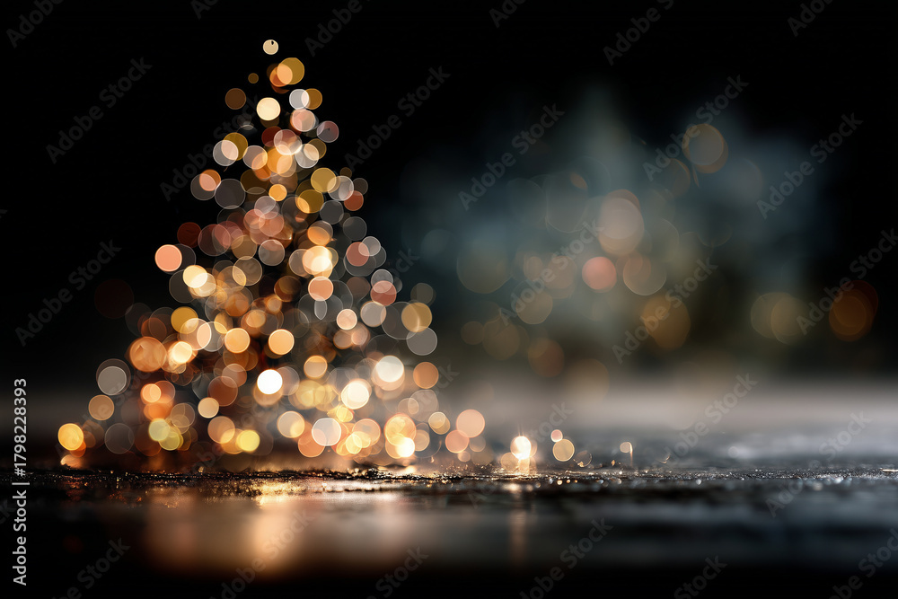 Fototapeta premium Unscharfer Weihnachtsbaum mit goldenen Bokeh-Lichtern