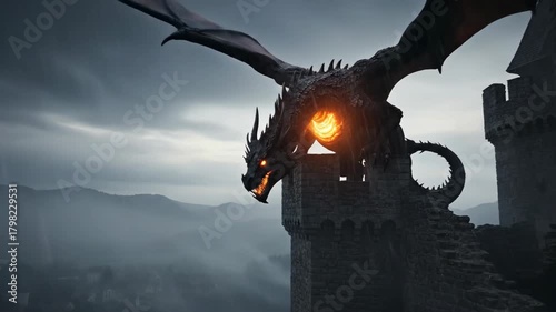 Dragon on a castle turret exhaling smoke and fire, fantasy creature on a medieval fortress. Danger and power concept.