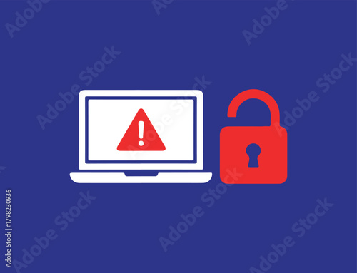 Graphic illustration of a laptop displaying a red warning triangle and an adjacent unlocked red padlock. Represents data breach, cybersecurity threat, system vulnerability, or privacy risk.
