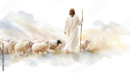 Shepherd Jesus Christ Taking Care of Sheep Watercolor Illustration Isolated on White Background