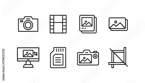 Photography and Media Line Icon Set: Digital Camera, Film Strip, Photo Gallery, SD Card, Monitor, and Image Editing Symbols for Album and Content Concepts