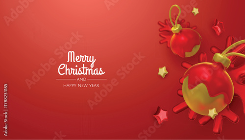 Happy New Year and Merry Christmas. Christmas holiday background with realistic 3d objects, bauble balls, conical metal stars. Levitation falling design composition.