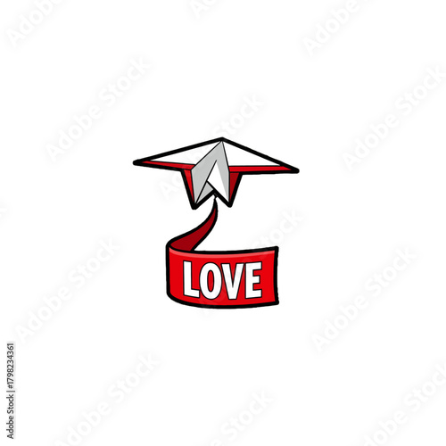 Stylized paper airplane in white, grey, and red, flying and pulling a vibrant red banner with the word LOVE, isolated on a transparent background.
