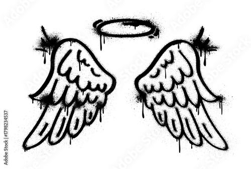 Graffiti style angel wings with a spray painted halo, dripping paint texture and strong street art vibe.