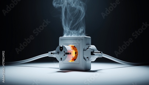 Electrical socket with multiple plugs and overheating cables, highlighting fire hazard and electrical safety risks in a realistic warning scene.