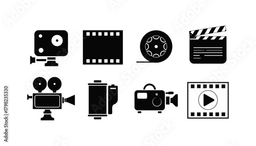 Cinema and Video Production Solid Icon Set: Movie Camera, Film Strip, Film Reel, Clapperboard, and Play Button Symbols for Entertainment and Filmmaking Concepts
