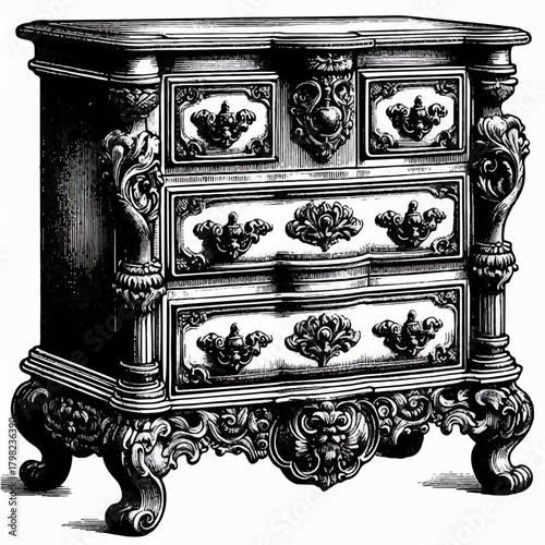 Black and white illustration of an engraving depicting an antique chest of drawers in Rococo style Vector graphics. EPS.