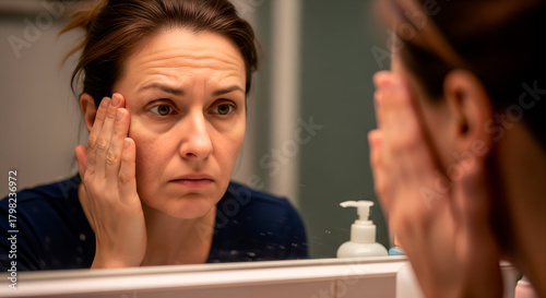 Woman looking at herself in the mirror, concerned about her appearance