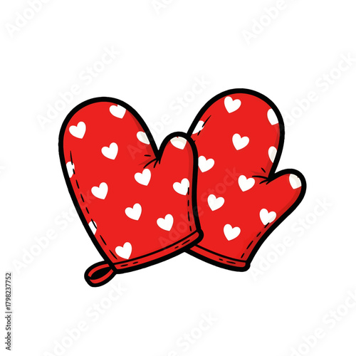 Pair of red oven mitts decorated with white heart patterns, essential kitchen protection for baking and cooking, isolated on a transparent background, perfect for Valentine's Day themes.