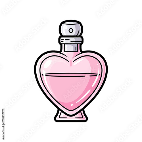 Pink heart-shaped perfume bottle vector illustration, silver cap, romantic fragrance, ideal for beauty, love, and Valentine's Day, on a transparent background.