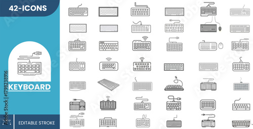 42 Icons set of Keyboard for Computer Typing, Office Work, Gaming and Digital Design in Vector Style.	