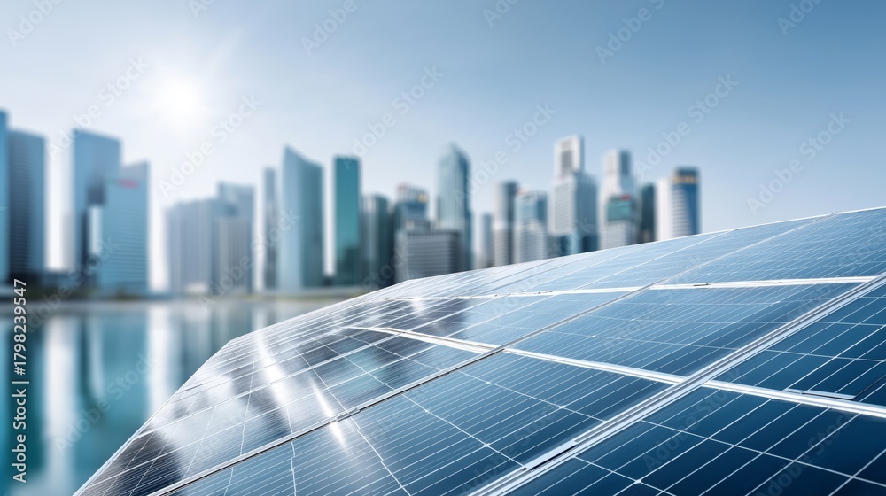 Fototapeta premium Solar panels reflecting sunlight with a modern city skyline behind them symbolizing renewable energy sustainability innovation and clean urban development, Generative AI