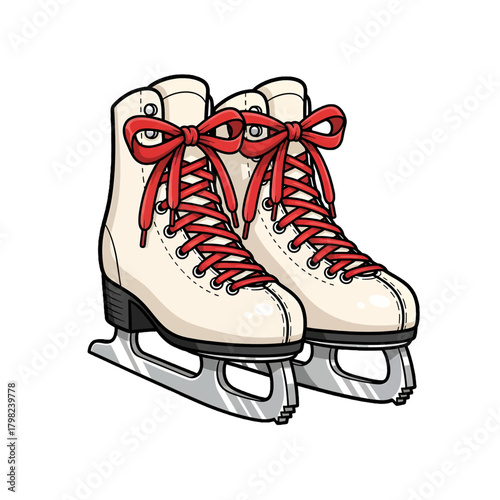 White ice skates with red laces tied in bows, polished silver blades, essential equipment for winter sports and recreational skating, on a transparent background.