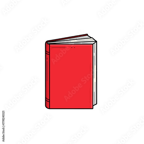 Vibrant red hardcover book vector illustration, standing upright with visible white pages and spine, symbolizing education, reading, and knowledge, on a transparent background.