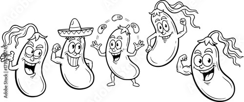 Cartoon chili peppers, beans, and eggplants with smiles and playful expressions