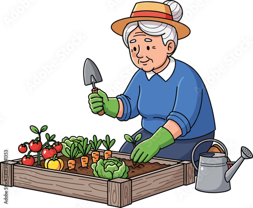 Cartoon elderly gardener, raised bed gardening, vegetable harvest, outdoor activity, healthy lifestyle, nature care, vector illustration, sustainable living scene