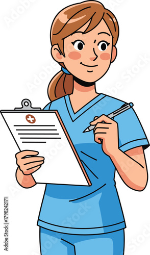 Cartoon nurse character, medical professional in blue scrubs, holding clipboard, hospital staff, healthcare worker, clinic, documentation, vector illustration