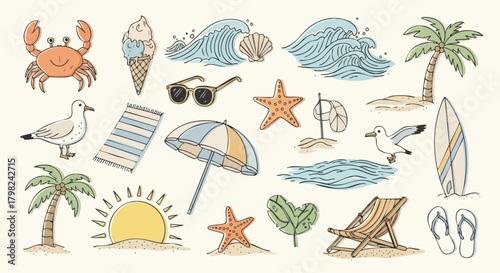 Hand-drawn summer elements illustration. This vector artwork features beach essentials, including waves, a crab, starfish, palm trees, and more