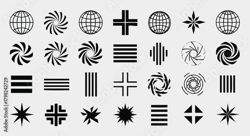 Modern vector collection of black abstract geometric shapes and UI elements. Globes, stars, swirls, and line icons are featured