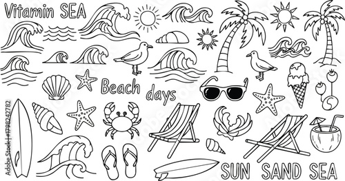 A cheerful collection of hand-drawn beach and summer vacation doodles