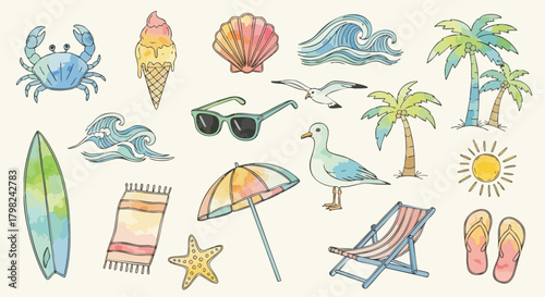 A cheerful collection of hand-drawn watercolor beach and summer elements