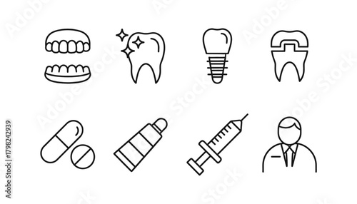 Dentistry, Oral Health, and Medical Procedure Line Icon Set: Dentures, Shiny Tooth, Dental Implant, Crown, Pills, Syringe, and Doctor Symbols