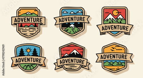 A collection of colorful adventure badges. Each badge features mountain scenes, forests, and the word 'ADVENTURE'
