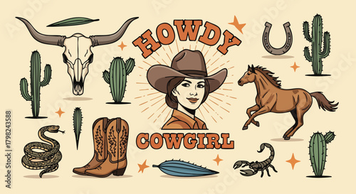 A collection of retro western themed illustrations. This vector set features a cowgirl, horse, longhorn skull, cactus, and cowboy boots