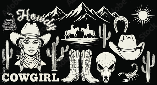 A collection of vintage Western icons on a black background. This set features a cowgirl, cowboys, boots, skull, and desert symbols like cacti