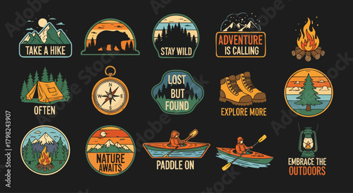 A collection of vintage-style outdoor adventure badges and stickers featuring mountains, bears, tents, compasses, kayaks, and campfires