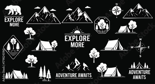 A collection of white silhouette vector graphics featuring camping, mountains, trees, compasses, bears, and motivational adventure slogans on a black background