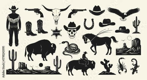 A comprehensive collection of black and white silhouette icons representing classic Western themes, including cowboys, animals, weapons, and desert scenery for design projects