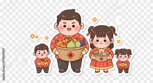 A happy cartoon family of four in traditional Chinese attire celebrating a festival with fruit and food.