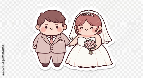 A cute cartoon illustration of a bride and groom holding hands on their wedding day, depicted in a charming chibi style.