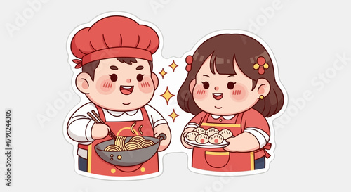 Adorable cartoon couple joyfully cooking a meal together, one stir-frying in a wok and the other holding fresh dumplings.